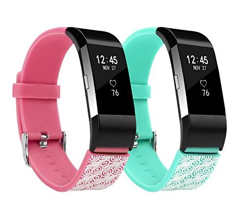 Fitbit Charge 2 Band, BeneStellar Special 3D Decorative Pattern Design Replacement Band for Fitbit Charge 2 Heart Rate and Fitness Wrist Band (2-Pack Pink & Teal, Large(6.5″-9″))